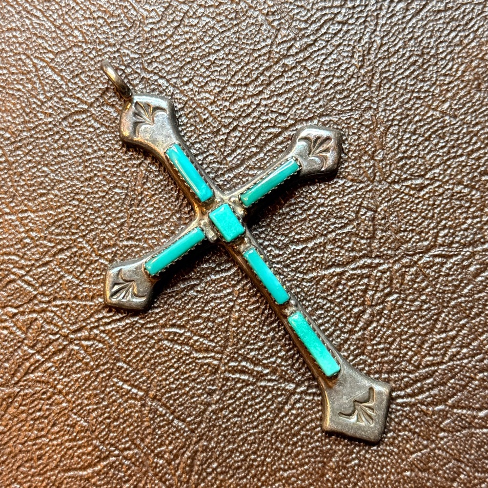 🩵Vintage Zuni Sterling Silver🩵Turquoise Cross Pendant by G & L Leekity